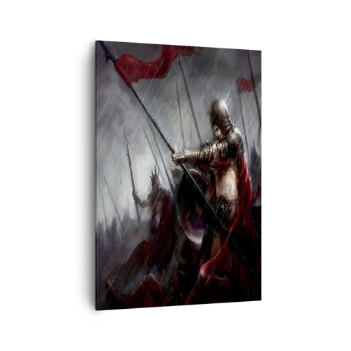 Obraz na płótnie - Rycerze w deszczu maszerujący na pole bitwy - 70x100cm - Przechodniu, powiedz Sparcie… - Nowoczesna dekoracja ścienna do salonu i sypialni ARTTOR
