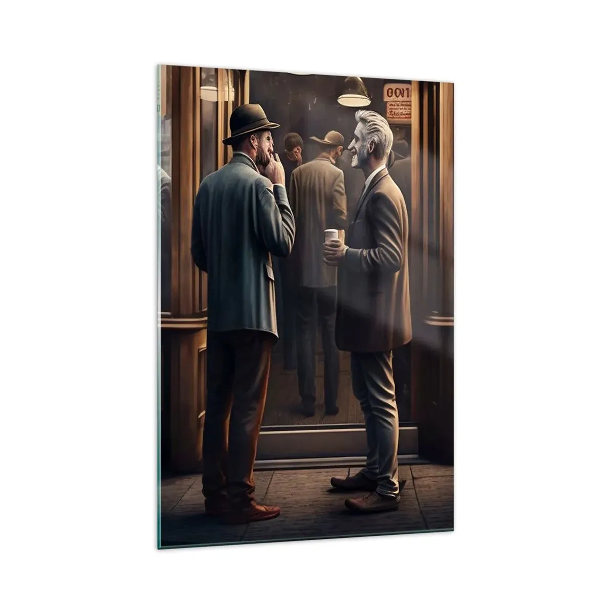 Obraz na szkle - Scena uliczna z ludźmi przed kawiarnią w stylu retro - 70x100cm - Dobra chwila dnia - Nowoczesna dekoracja ścienna do salonu i sypialni ARTTOR