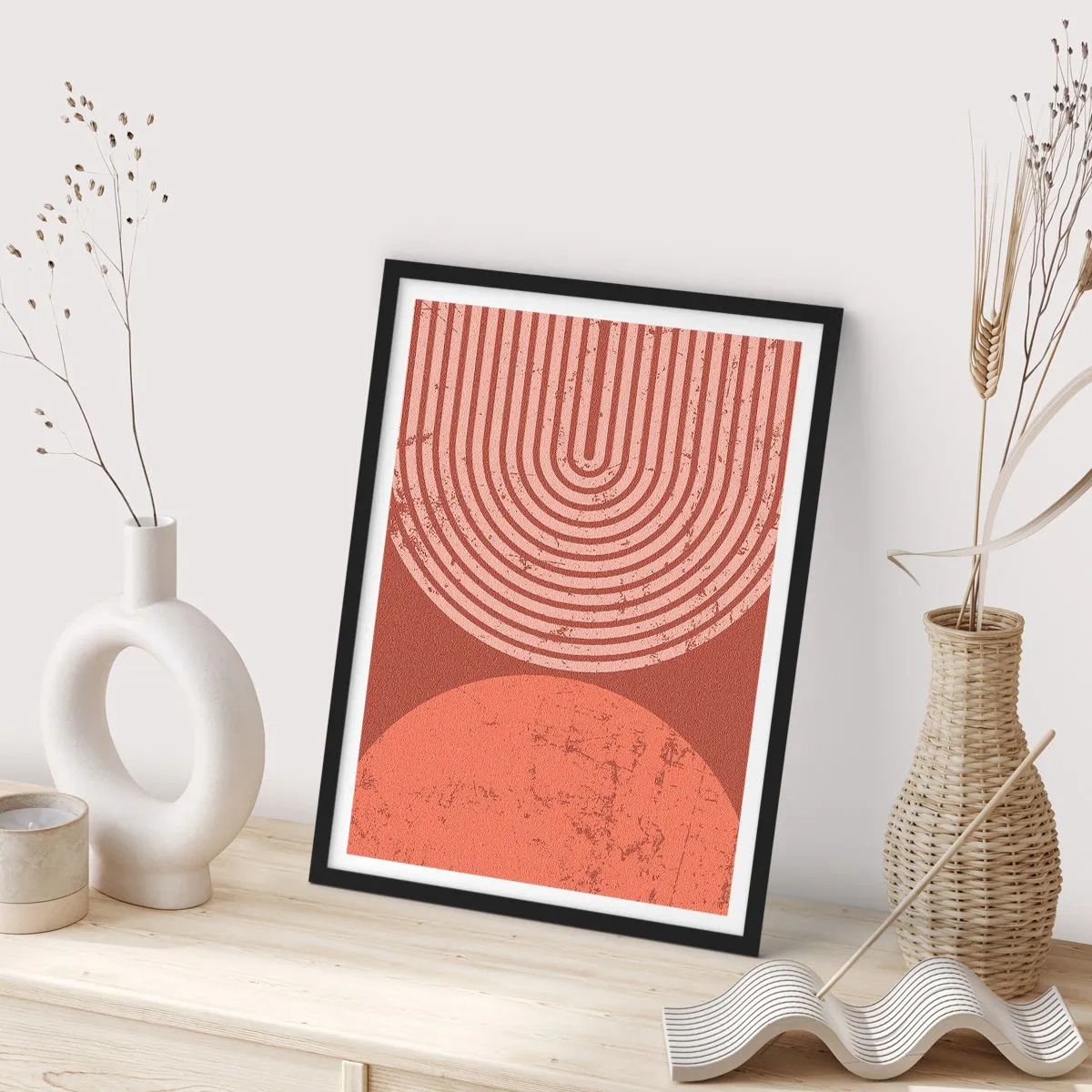 Plakat w czarnej ramie - Geometryczna abstrakcja w odcieniach terakoty z efektem vintage - 50x70cm - Bliska relacja - Nowoczesna dekoracja ścienna do salonu i sypialni ARTTOR