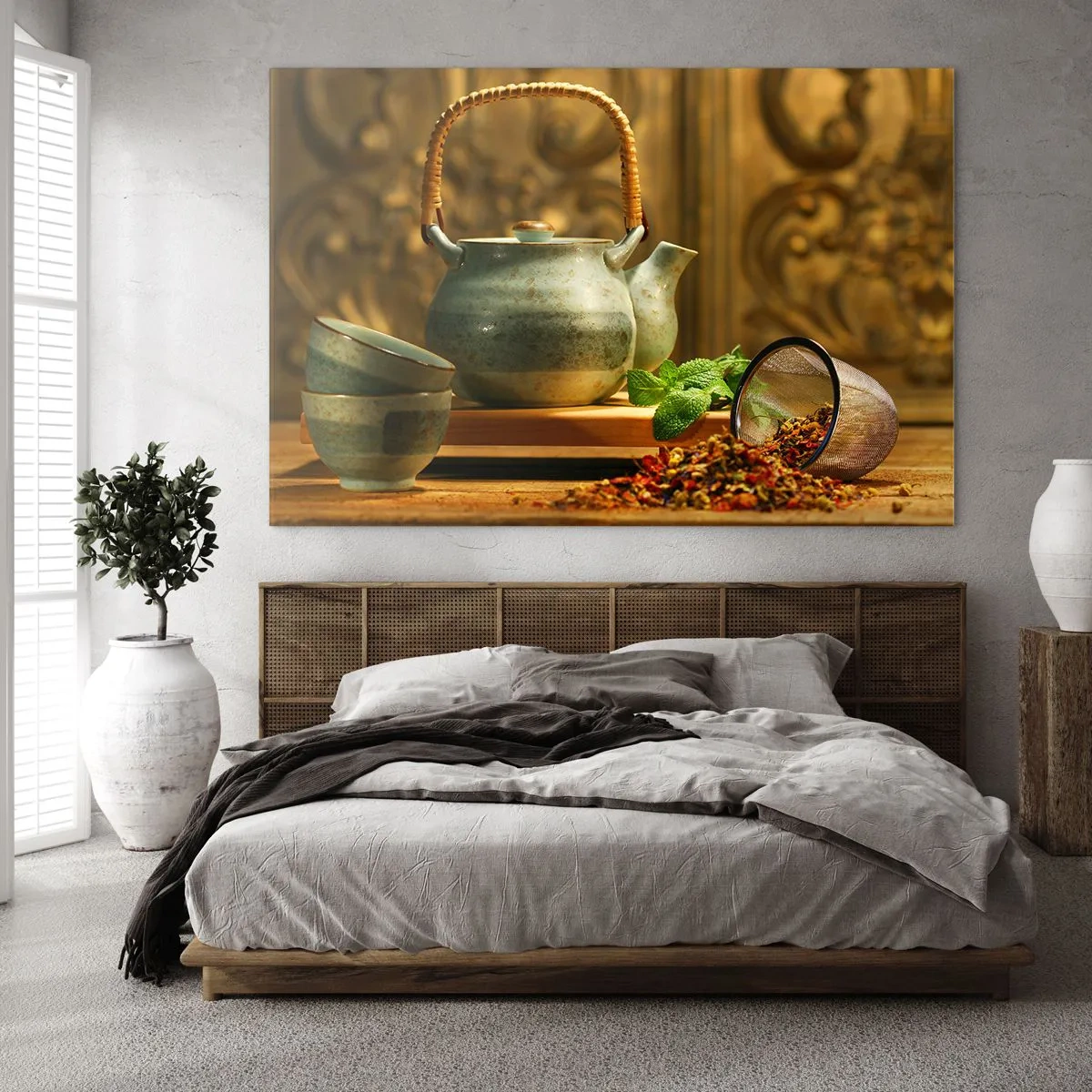 Obraz na szkle - Zestaw ceramiczny do herbaty z ziołami w tle klasycznej dekoracji - 120x80cm - Traktat o piciu herbaty - Nowoczesna dekoracja ścienna do salonu, kuchni i sypialni ARTTOR