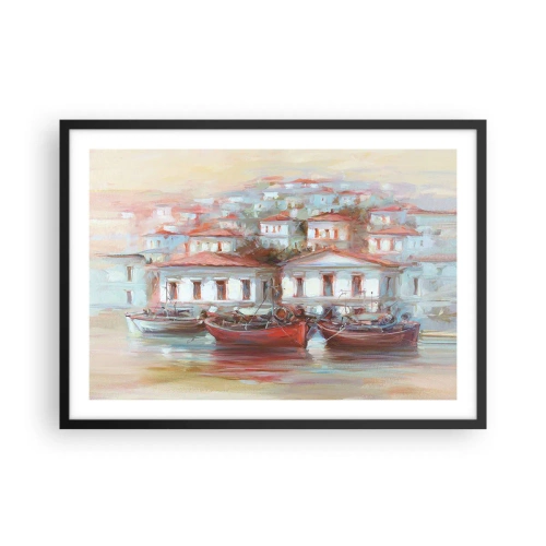 Plakat w czarnej ramie - Kolorowe łodzie i malownicze budynki nad wodą w pastelowych barwach - 70x50cm - Szczęśliwe miasteczko - Nowoczesna dekoracja ścienna do salonu i sypialni ARTTOR