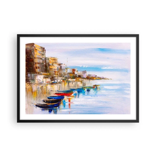 Plakat w czarnej ramie - Kolorowe łodzie przy brzegu z widokiem na miejską panoramę - 70x50cm - Wielobarwna miejska przystań - Nowoczesna dekoracja ścienna do salonu i sypialni ARTTOR