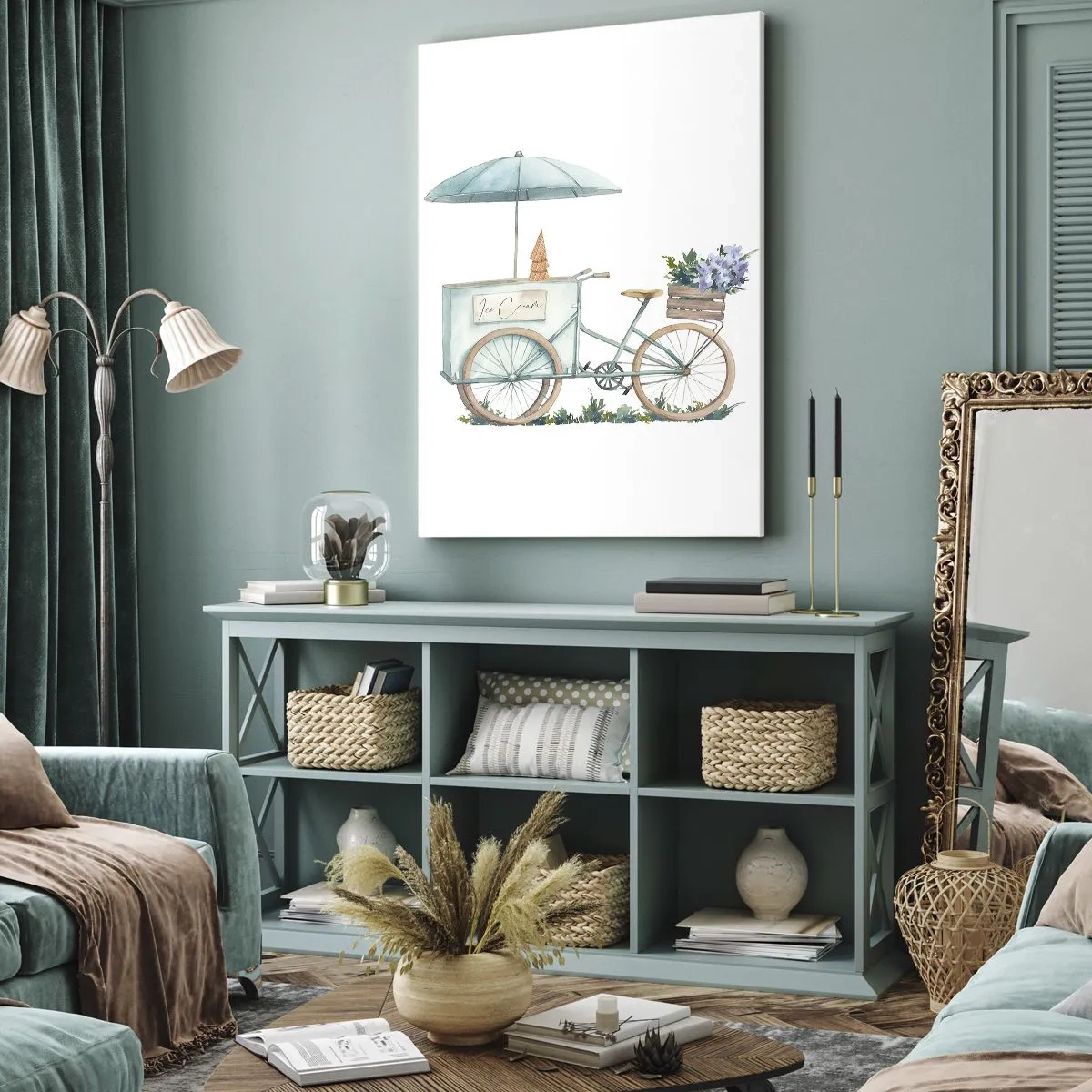 Obraz na płótnie - Akwarelowa ilustracja roweru z lodziarnią i bukietem kwiatów - 50x70cm - Słodkie wspomnienie lata - Nowoczesna dekoracja ścienna do salonu, kuchni i sypialni ARTTOR