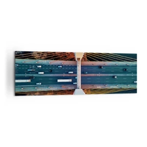 Obraz na płótnie - Most widziany z lotu ptaka nad rzeką i jesiennym krajobrazem - 160x50cm - ZA wodami, za lasami - Nowoczesna dekoracja ścienna do salonu i sypialni ARTTOR