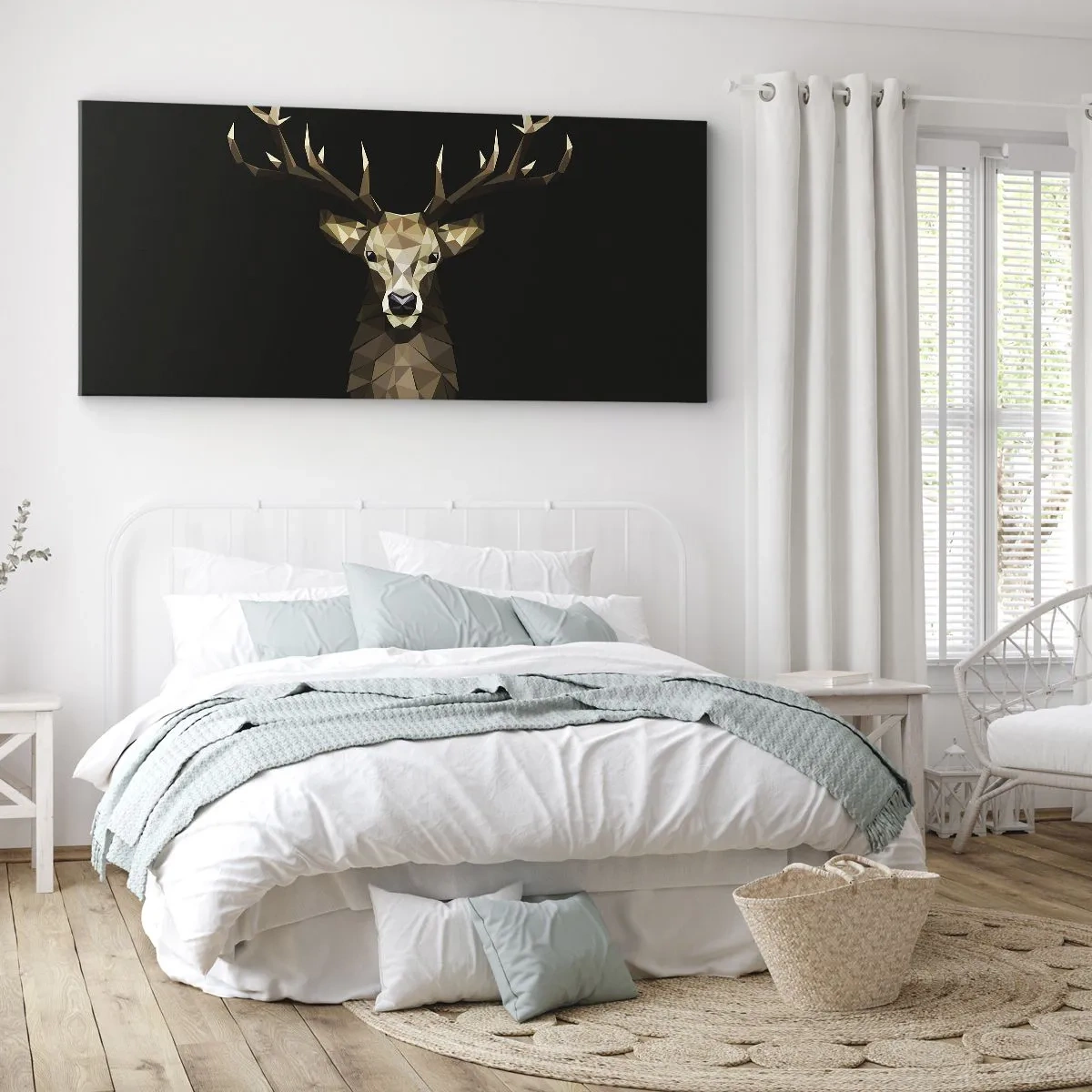 Obraz na płótnie - Geometryczny jeleń z wielokątów na czarnym tle - 160x50cm - Kubistyczny jeleń - Nowoczesna dekoracja ścienna do salonu i sypialni ARTTOR