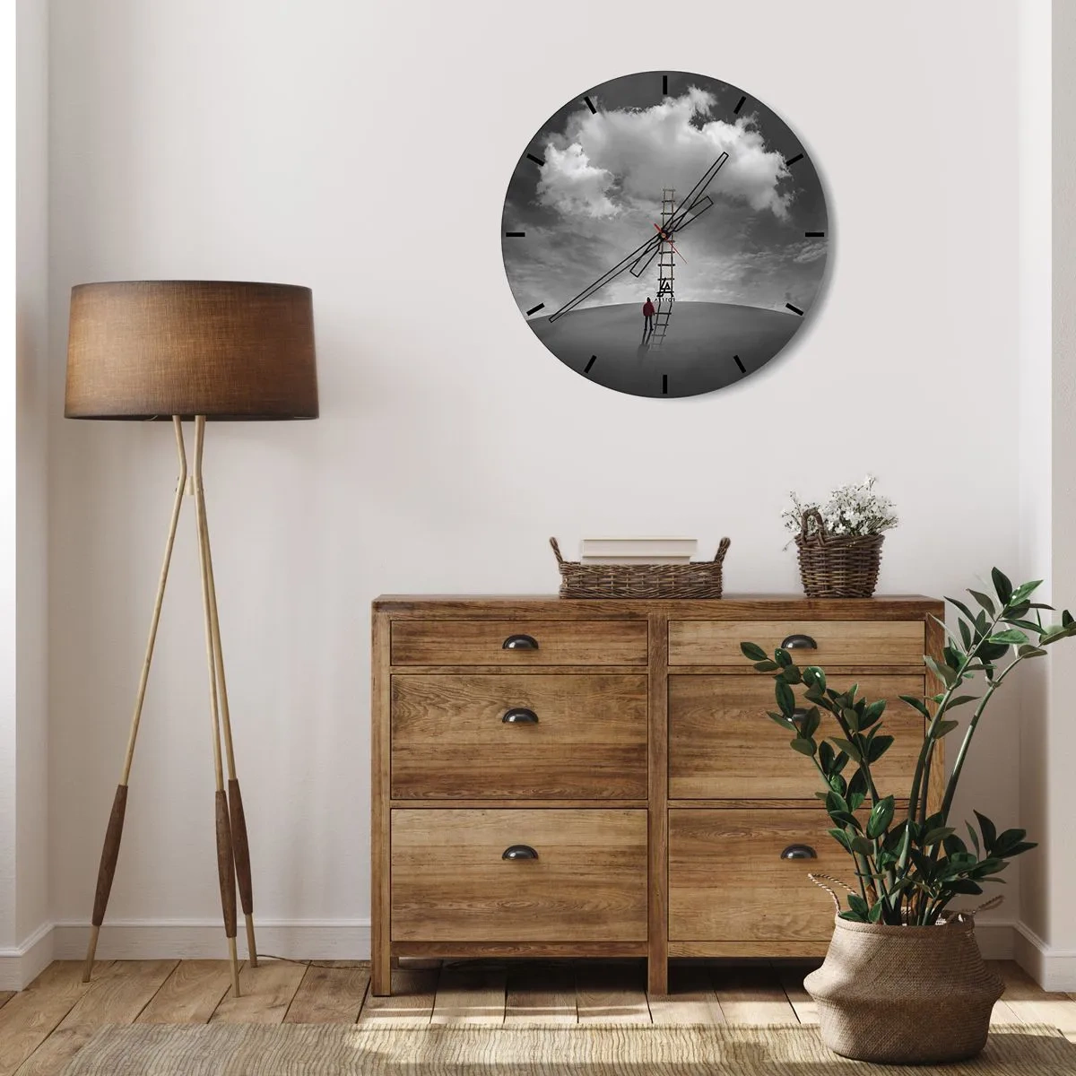 Zegar ścienny - Człowiek wspinający się po drabinie do chmury na tle nieba - 30x30cm - Wszystko możliwe - Nowoczesna dekoracja ścienna do salonu, kuchni i sypialni ARTTOR