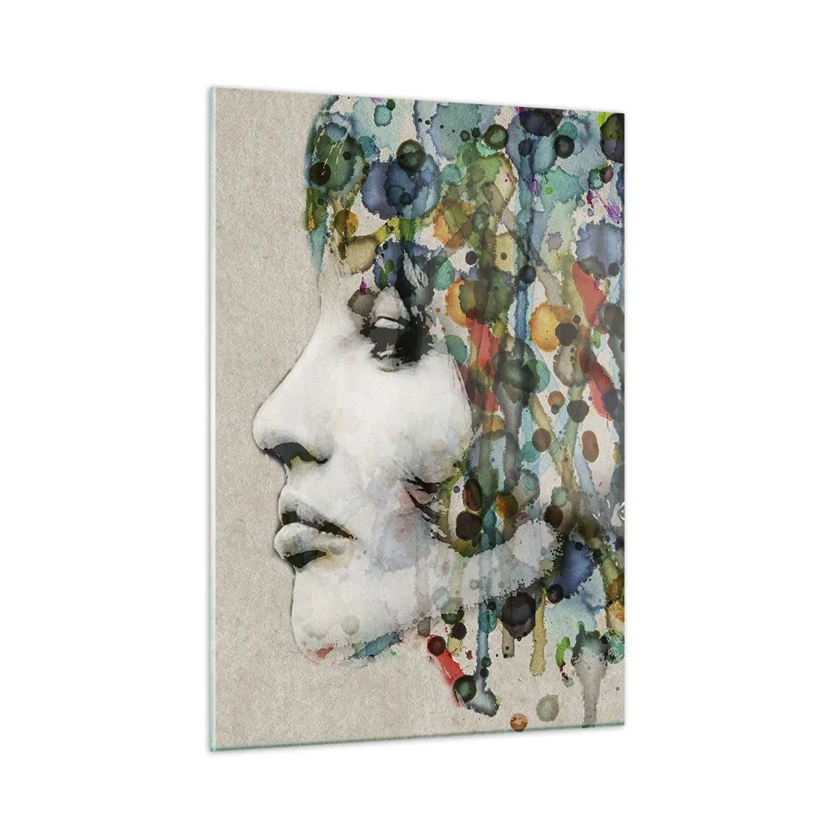 Obraz na szkle - Portret kobiety z abstrakcyjnymi kolorowymi akcentami - 50x70cm - Wyłoniła się z szarości - Nowoczesna dekoracja ścienna do salonu, kuchni i sypialni ARTTOR
