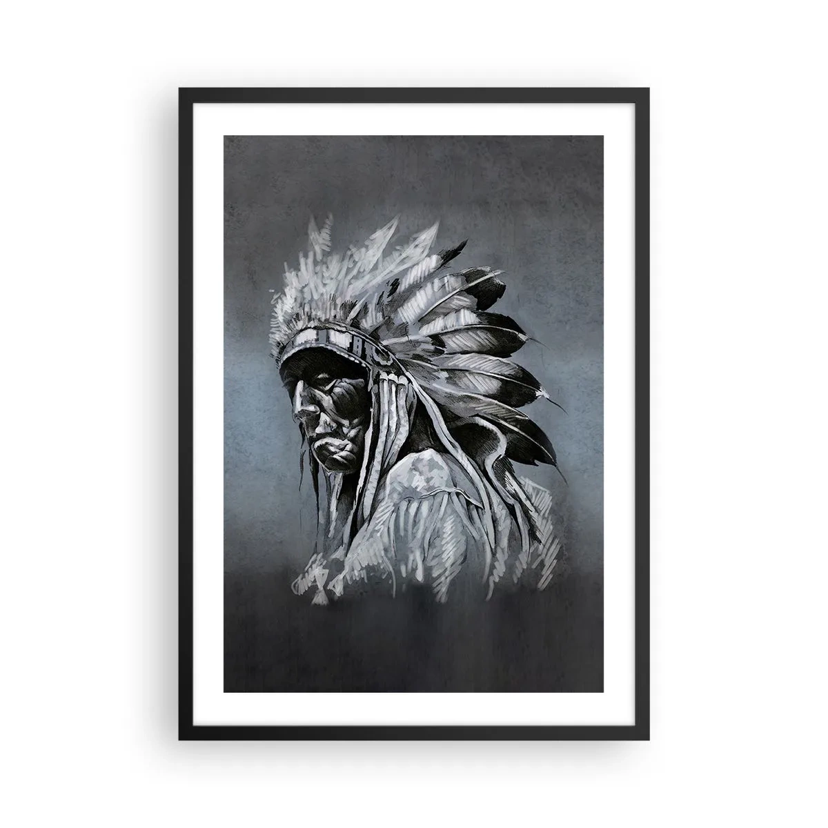 Plakat w czarnej ramie - Portret wodza indiańskiego w pióropuszu na szarym tle - 50x70cm - Powrót do korzeni - Nowoczesna dekoracja ścienna do salonu i sypialni ARTTOR