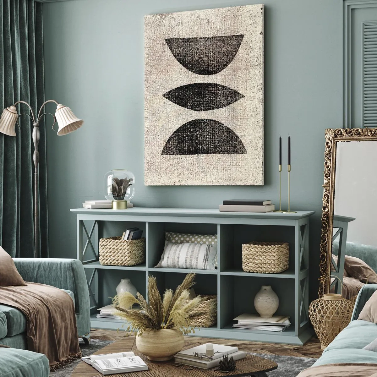 Obraz na płótnie - Etniczne kształty w ciemnych tonacjach na jasnym tle - 80x120cm - Etniczna abstrakcja - Nowoczesna dekoracja ścienna do salonu i sypialni ARTTOR