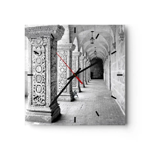 Zegar ścienny - Zabytkowe kolumny w monochromatycznym ujęciu - 30x30cm - A dokąd to…? - Nowoczesna dekoracja ścienna do salonu i sypialni ARTTOR