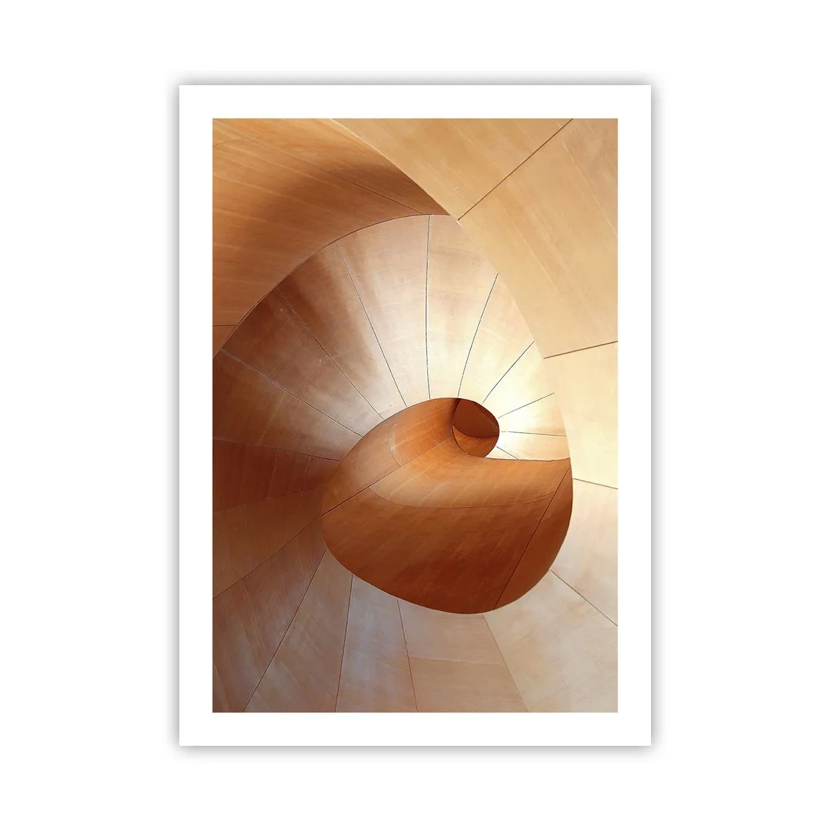 Plakat - Drewniana spiralna konstrukcja o złotym odcieniu - 50x70cm - Architektoniczna serpentyna - Nowoczesna dekoracja ścienna do salonu, kuchni i sypialni ARTTOR