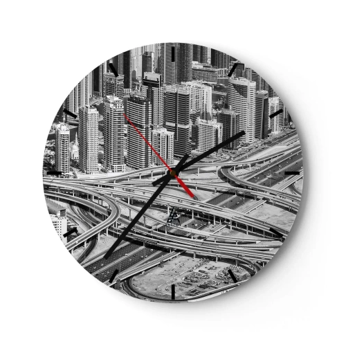 Zegar ścienny - Czarno-białe zdjęcie miasta z gęstą siecią autostrad - 30x30cm - Dubaj – miasto niemożliwe - Nowoczesna dekoracja ścienna do salonu, kuchni i sypialni ARTTOR