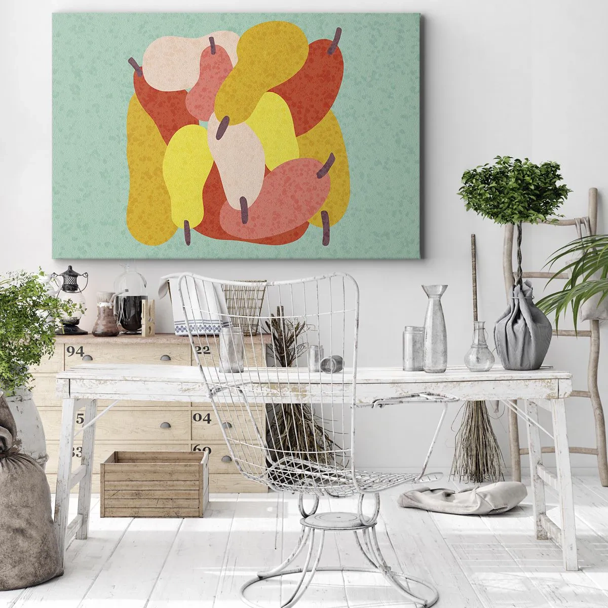 Obraz na płótnie - Kolorowe abstrakcyjne gruszki na tle zielonym - 100x70cm - Spróbuj letniego słońca - Nowoczesna dekoracja ścienna do salonu, kuchni i sypialni ARTTOR