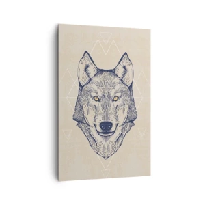Obraz na płótnie - Geometryczny wilk na jasnym tle z minimalistycznymi wzorami - 80x120cm - Alfa o przenikliwym spojrzeniu - Nowoczesna dekoracja ścienna do salonu i sypialni ARTTOR