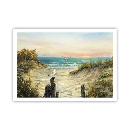 Plakat - Wybrzeże z mewami i wydmami o zachodzie słońca - 100x70cm - Bezwietrzne zacisze - Nowoczesna dekoracja ścienna do salonu i sypialni ARTTOR