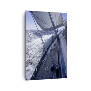 Obraz na płótnie - Żaglówka na wzburzonym morzu z białymi żaglami i drewnianym pokładem. - 80x120cm - Wiem, co to być ptakiem - Nowoczesna dekoracja ścienna do salonu i sypialni ARTTOR