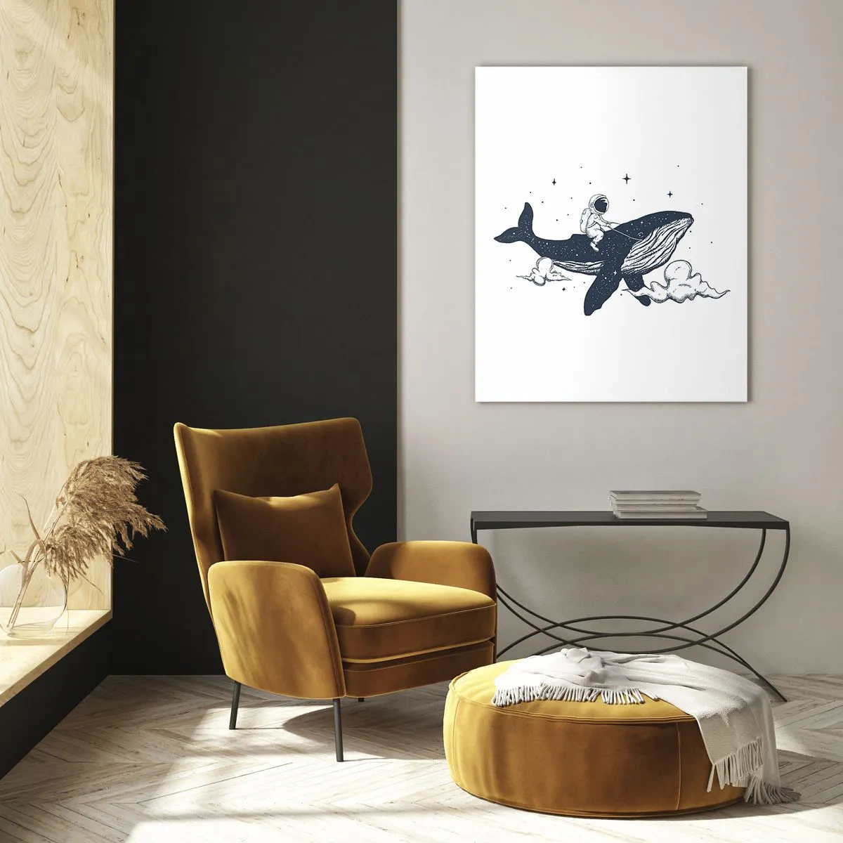 Obraz na szkle - Astronauta jadący na wielorybie wśród gwiazd i chmur - 50x70cm - Kosmiczna przygoda - Nowoczesna dekoracja ścienna do salonu, kuchni i sypialni ARTTOR