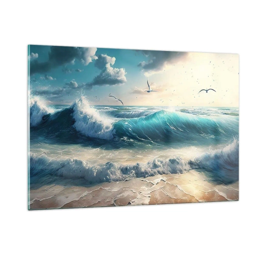 Obraz na szkle - Fale rozbijające się o brzeg przy świetle poranka - 120x80cm - Szumi tylko dla ciebie - Nowoczesna dekoracja ścienna do salonu, kuchni i sypialni ARTTOR