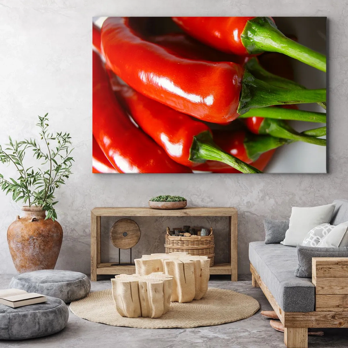 Obraz na płótnie - Zbliżenie na czerwone papryczki chili z zielonymi ogonkami - 120x80cm - Soczyste, błyszczące, gładkie - Nowoczesna dekoracja ścienna do salonu, kuchni i sypialni ARTTOR