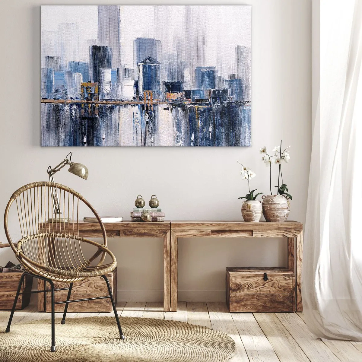 Obraz na płótnie - Abstrakcyjna panorama miasta z odcieniami błękitu i żółci - 70x50cm - Nowojorska impresja - Nowoczesna dekoracja ścienna do salonu i sypialni ARTTOR