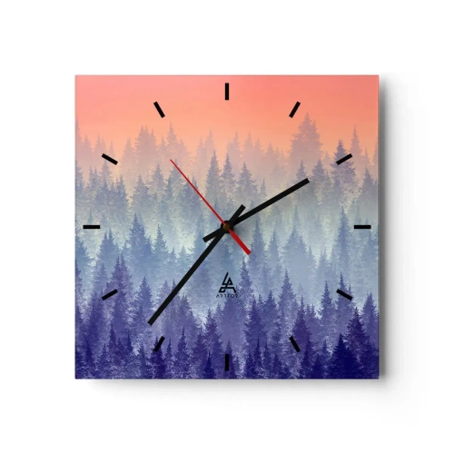 Zegar ścienny - Mglisty las w odcieniach fioletu i pomarańczu - 30x30cm - Wysoko, wyżej, do nieba - Nowoczesna dekoracja ścienna do salonu i sypialni ARTTOR