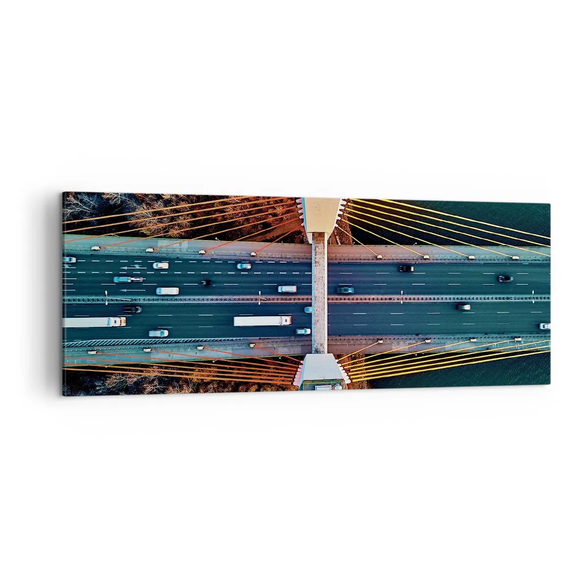 Obraz na płótnie - Most widziany z lotu ptaka nad rzeką i jesiennym krajobrazem - 140x50cm - ZA wodami, za lasami - Nowoczesna dekoracja ścienna do salonu i sypialni ARTTOR