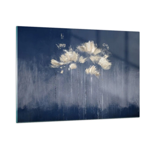 Obraz na szkle - Złota abstrakcyjna kompozycja kwiatowa na granatowym tle - 120x80cm - Jak płatki na wietrze - Nowoczesna dekoracja ścienna do salonu, kuchni i sypialni ARTTOR