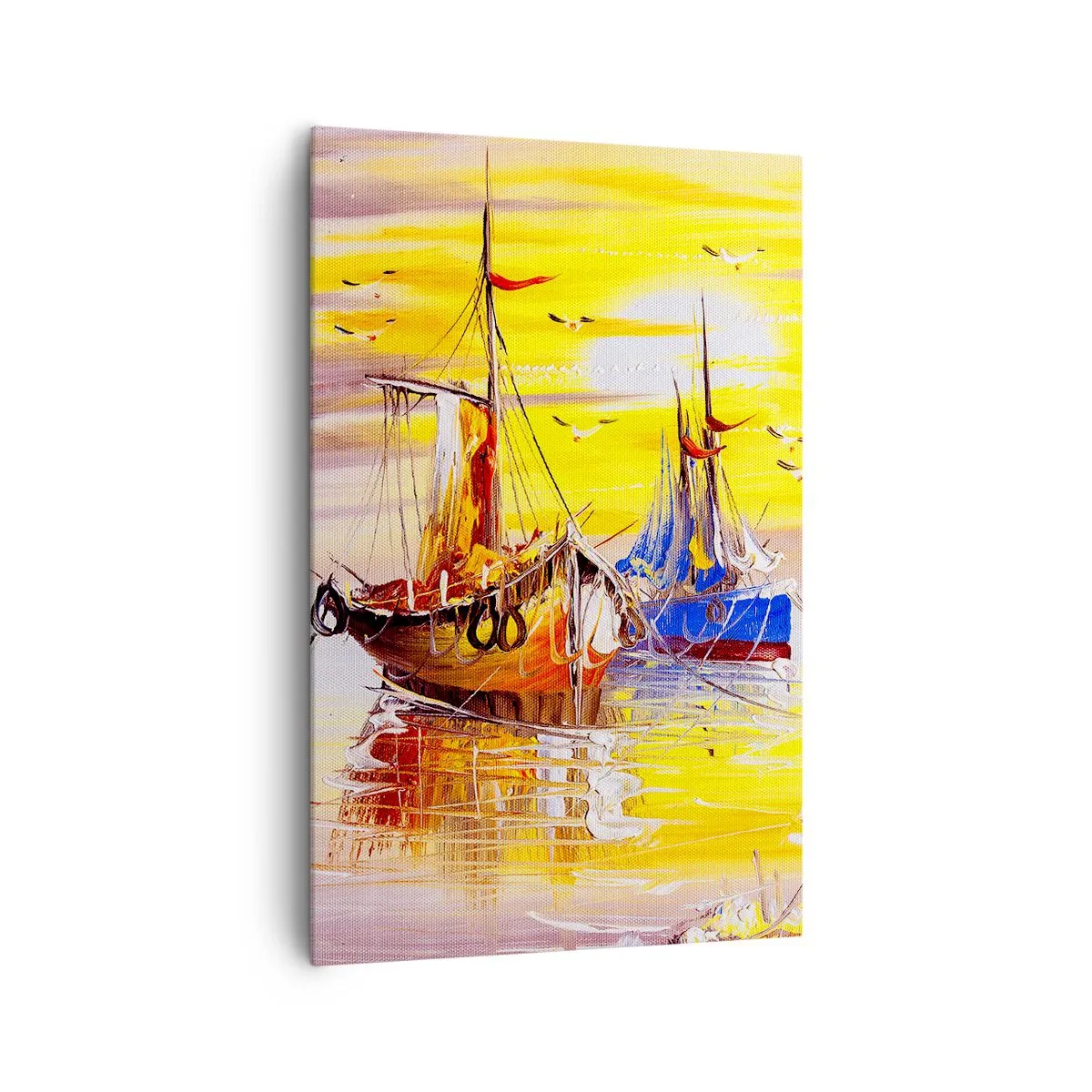 Obraz na płótnie - Malarska scena z łodziami na spokojnym morzu - 80x120cm - Zasłużony odpoczynek w porcie - Nowoczesna dekoracja ścienna do salonu i sypialni ARTTOR