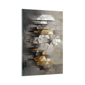 Obraz na szkle - Geometryczna abstrakcja w odcieniach złota i szarości - 80x120cm - Kompozycja z lodu i światła - Nowoczesna dekoracja ścienna do salonu i sypialni ARTTOR