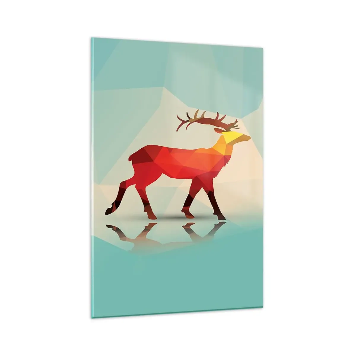 Obraz na szkle - Geometryczna sylwetka jelenia w odcieniach czerwieni i pomarańczy - 80x120cm - Geometryczny jeleń - Nowoczesna dekoracja ścienna do salonu i sypialni ARTTOR