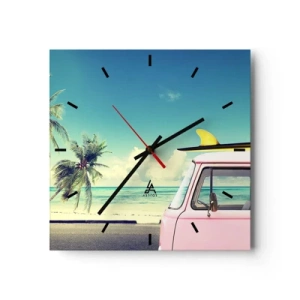 Zegar ścienny - Różowy van z deską surfingową na tle tropikalnej plaży - 30x30cm - Wakacje czas zacząć - Nowoczesna dekoracja ścienna do salonu i sypialni ARTTOR