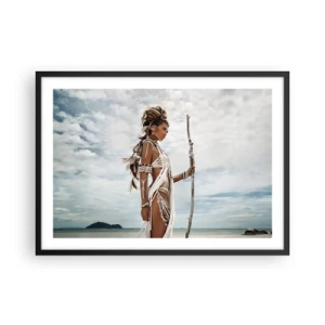 Plakat w czarnej ramie - Stylizowana kobieta na plaży z etnicznymi ozdobami i kijem - 70x50cm - Królowa tropików - Nowoczesna dekoracja ścienna do salonu i sypialni ARTTOR
