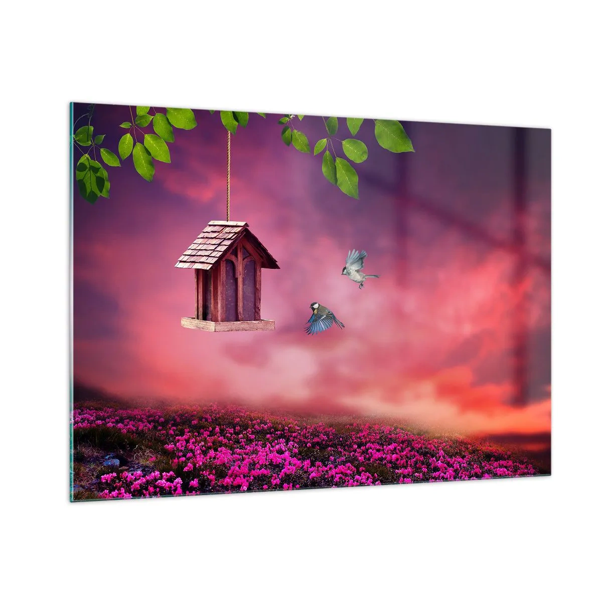 Obraz na szkle - Karmnik dla ptaków na tle różowego nieba - 100x70cm - Zaproszenie na kolację - Nowoczesna dekoracja ścienna do salonu, kuchni i sypialni ARTTOR