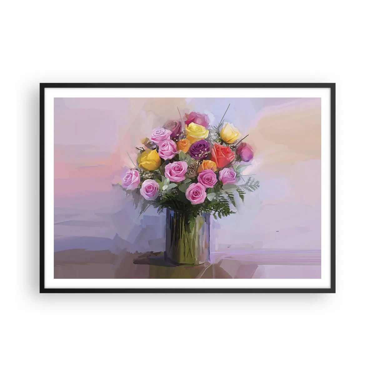 Plakat w czarnej ramie - Bukiet kolorowych róż w szklanym wazonie - 100x70cm - Zatrzymane piękno - Nowoczesna dekoracja ścienna do salonu i sypialni ARTTOR
