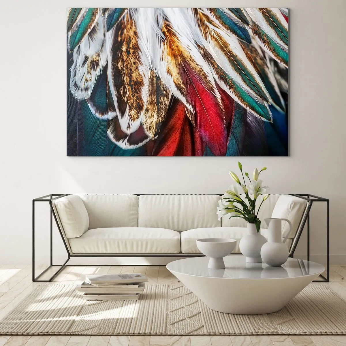 Obraz na szkle - Kolorowe pióra w bogatej palecie barw z wyraźną teksturą - 70x50cm - Tajemnice lotu - Nowoczesna dekoracja ścienna do salonu i sypialni ARTTOR
