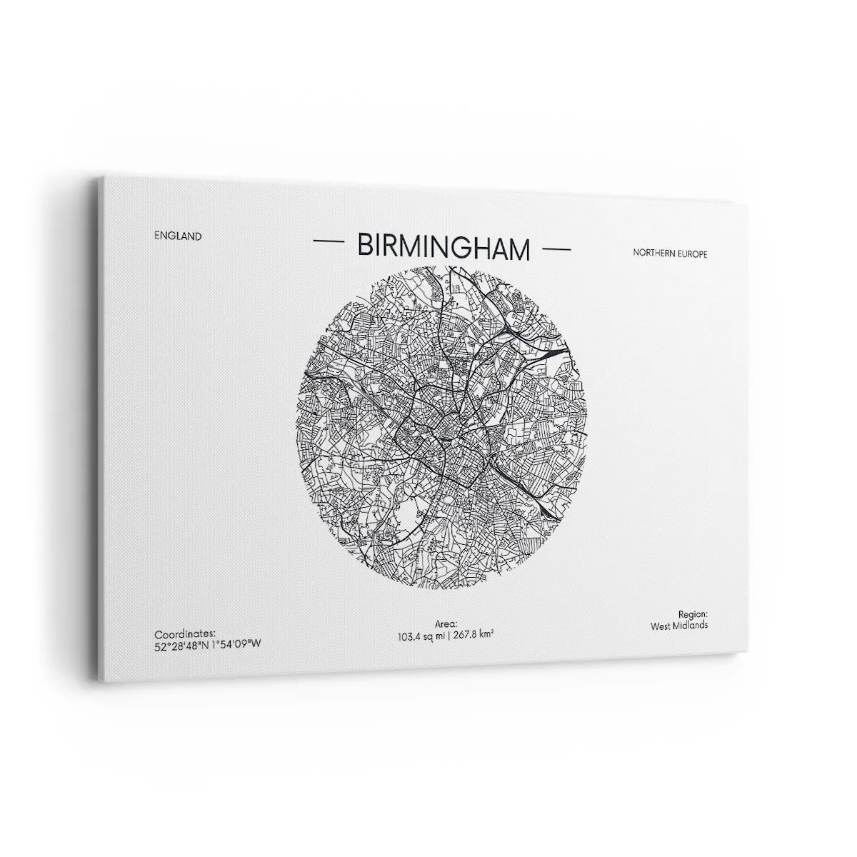 Obraz na płótnie - Minimalistyczna mapa Birmingham w czarno-białej kolorystyce z precyzyjnymi detalami - 120x80cm - Anatomia Birmingham - Nowoczesna dekoracja ścienna do salonu, kuchni i sypialni ARTTOR