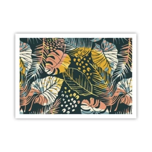 Plakat - Kolorowe liście na ciemnym tle - 100x70cm - Liściasta fantazja - Nowoczesna dekoracja ścienna do salonu i sypialni ARTTOR