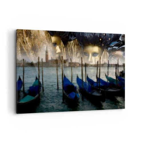 Obraz na płótnie - Weneckie maski karnawałowe i gondole na tle miasta i wody - 120x80cm - Karnawał czas zacząć - Nowoczesna dekoracja ścienna do salonu, kuchni i sypialni ARTTOR