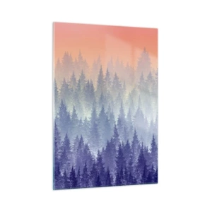 Obraz na szkle - Tajemniczy las iglasty w pastelowych odcieniach poranka - 50x70cm - Wysoko, wyżej, do nieba - Nowoczesna dekoracja ścienna do salonu, kuchni i sypialni ARTTOR