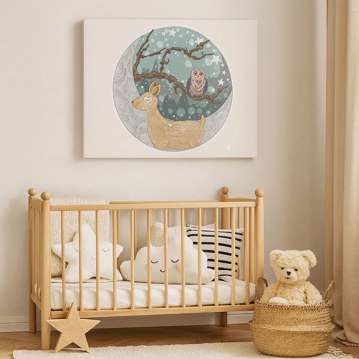 Obraz na płótnie - Jeleń i sowa w bajkowym krajobrazie nocnym - 70x50cm - Bajkowa, leśna noc - Nowoczesna dekoracja ścienna do salonu i sypialni ARTTOR