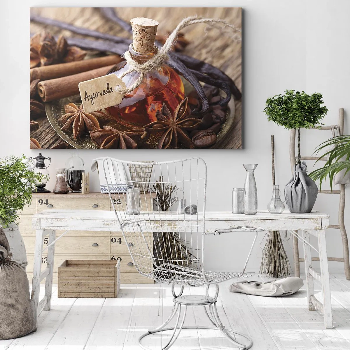 Obraz na płótnie - Butelka olejku z przyprawami na tacy - 70x50cm - Ku jedności ciała i ducha - Nowoczesna dekoracja ścienna do salonu i sypialni ARTTOR