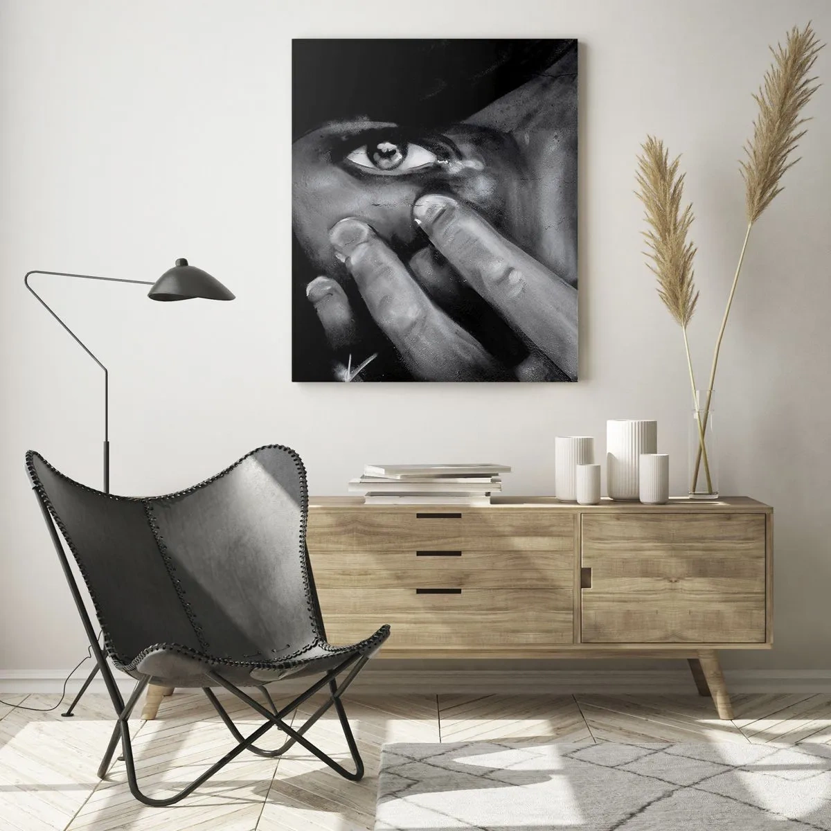 Obraz na szkle - Portret w czerni i bieli z emocjonalnym spojrzeniem - 50x70cm - Nie powiem, kto namalował - Nowoczesna dekoracja ścienna do salonu, kuchni i sypialni ARTTOR