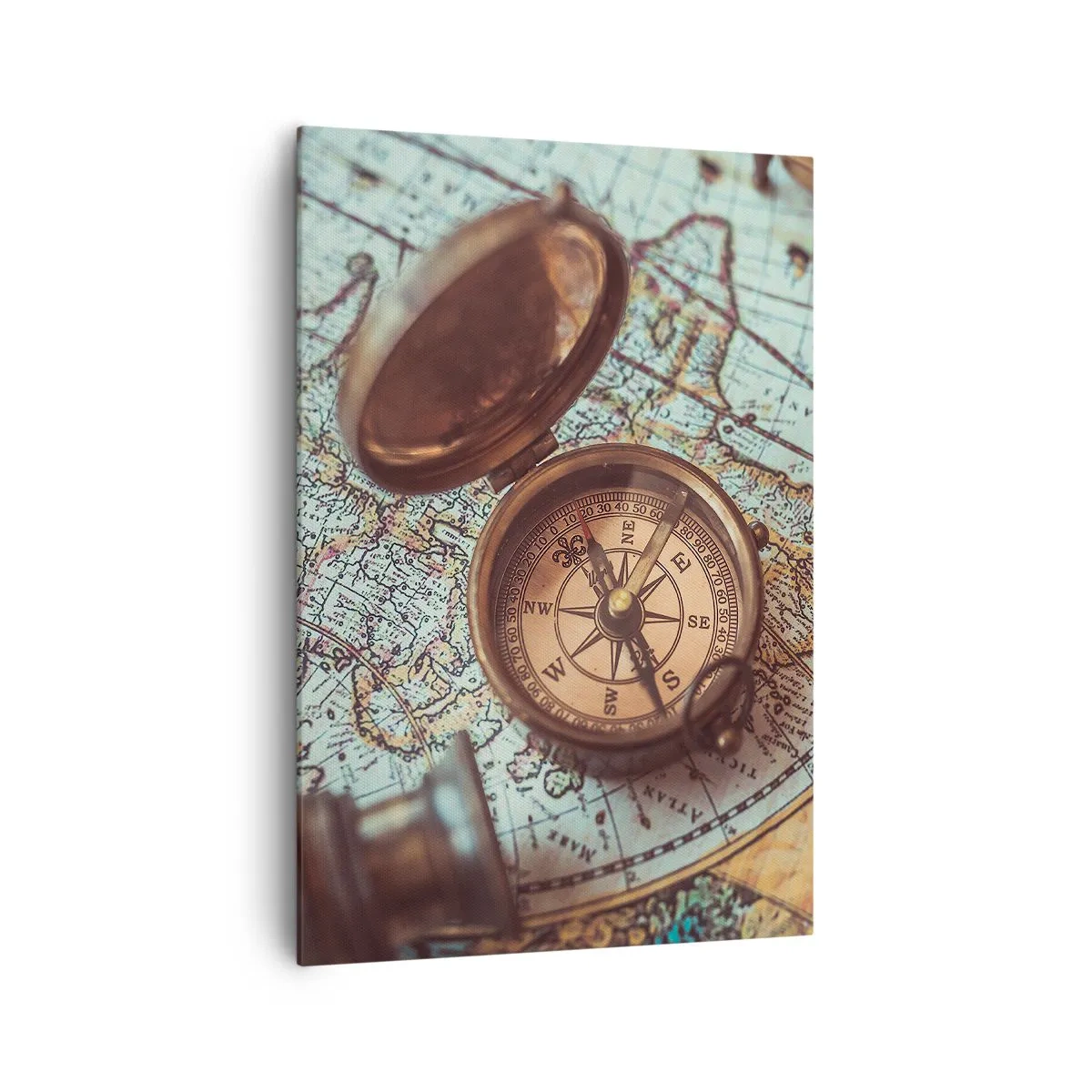 Obraz na płótnie - Kompozycja z kompasem, kluczami i starą mapą w stylu retro - 70x100cm - Dla poszukiwacza przygód - Nowoczesna dekoracja ścienna do salonu i sypialni ARTTOR