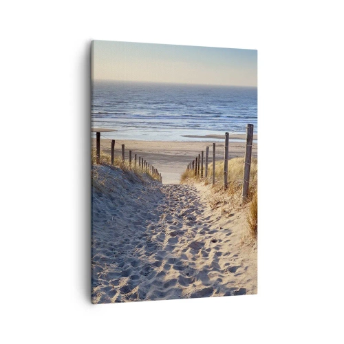 Obraz na płótnie - Ścieżka przez wydmy prowadząca na plażę - 50x70cm - Morza szum, ptaków śpiew, dzika plaża pośród traw… - Nowoczesna dekoracja ścienna do salonu, kuchni i sypialni ARTTOR