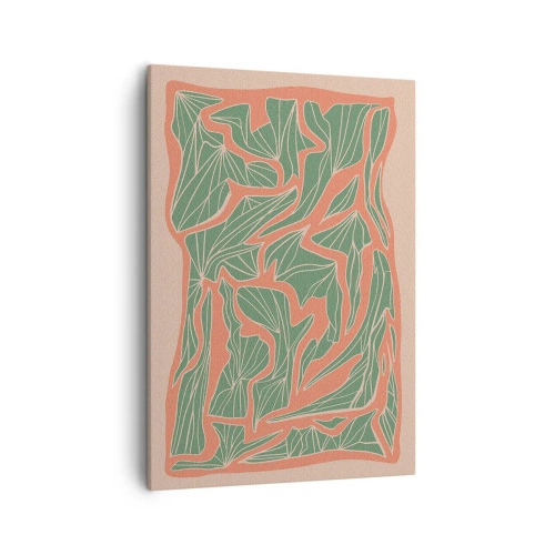 Obraz na płótnie - Stylizowane liście na tle w odcieniach koralu i beżu - 50x70cm - Zmagania koralu i zieleni - Nowoczesna dekoracja ścienna do salonu, kuchni i sypialni ARTTOR