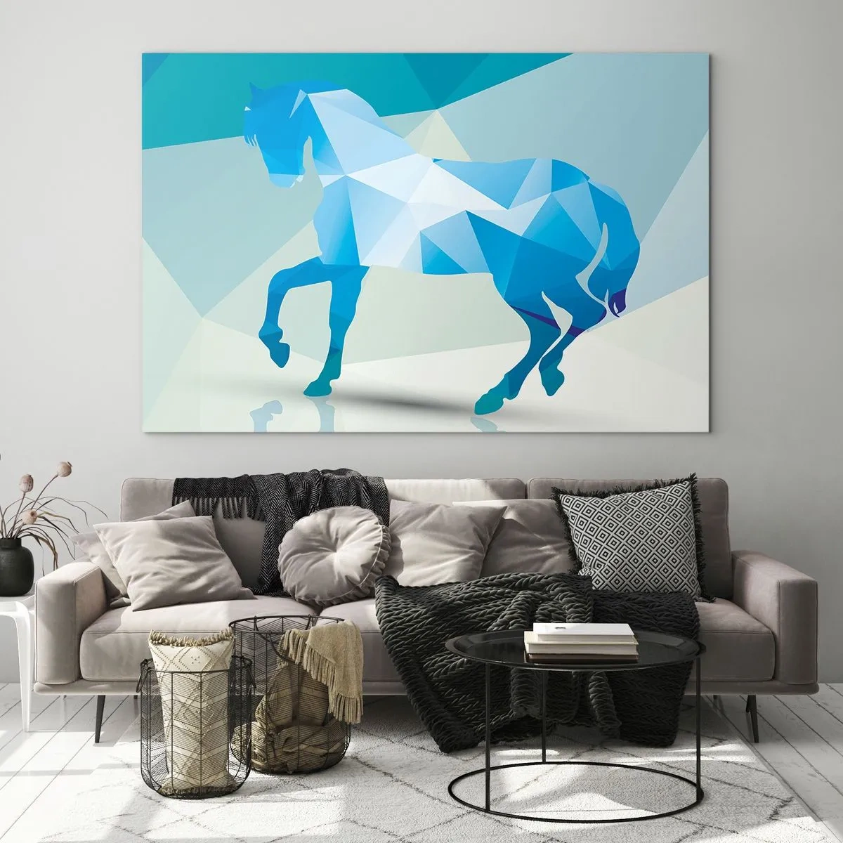 Obraz na szkle - Geometryczny koń w odcieniach błękitu i bieli - 70x50cm - Geometryczny koń w turkusie - Nowoczesna dekoracja ścienna do salonu i sypialni ARTTOR