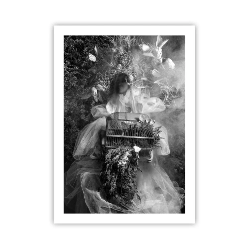 Plakat - Kobieta w sukni otoczona naturą w czarno-białej fotografii - 50x70cm - Sama Matka – Natura - Nowoczesna dekoracja ścienna do salonu, kuchni i sypialni ARTTOR