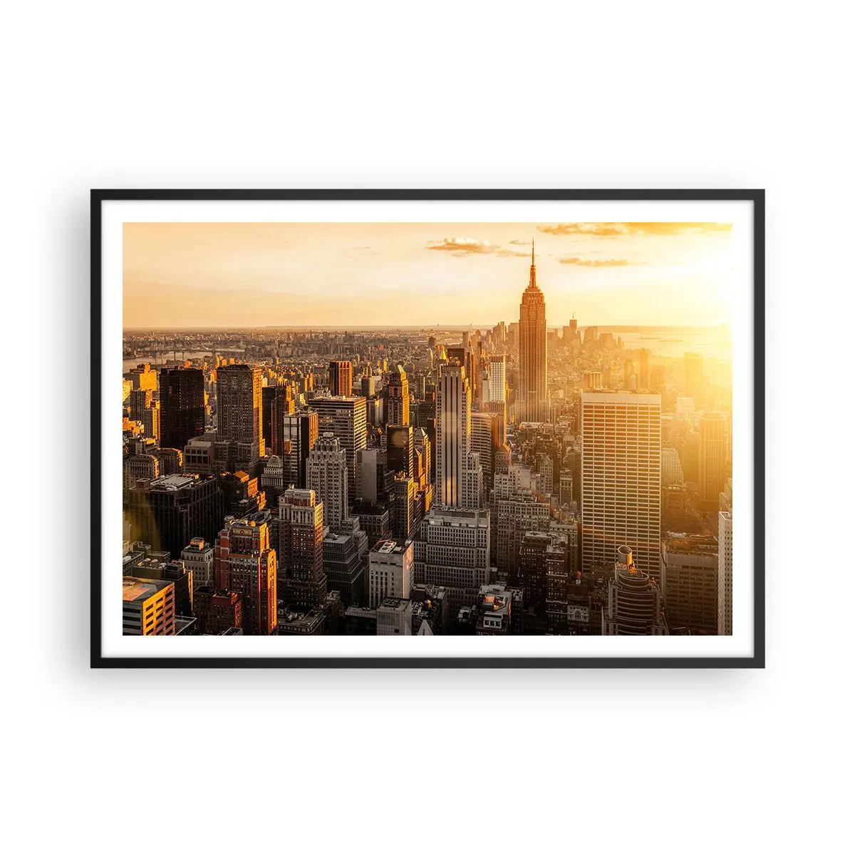 Plakat w czarnej ramie - Panorama Nowego Jorku o zachodzie słońca z widokiem na Empire State Building - 100x70cm - Rosnąc w słońcu - Nowoczesna dekoracja ścienna do salonu i sypialni ARTTOR