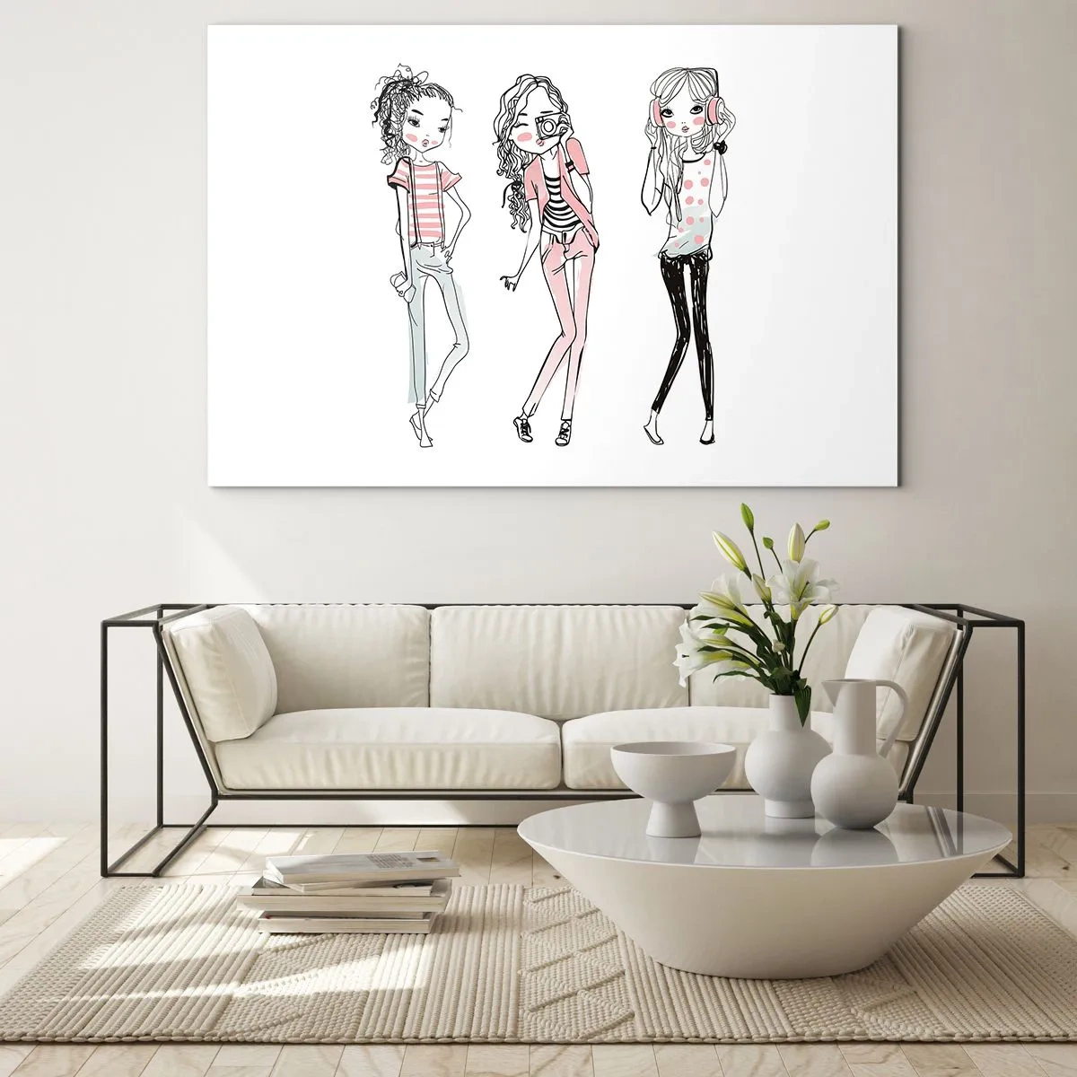 Obraz na szkle - Trzy stylowe dziewczyny w pastelowych kolorach - 100x70cm - Będzie, będzie zabawa - Nowoczesna dekoracja ścienna do salonu, kuchni i sypialni ARTTOR