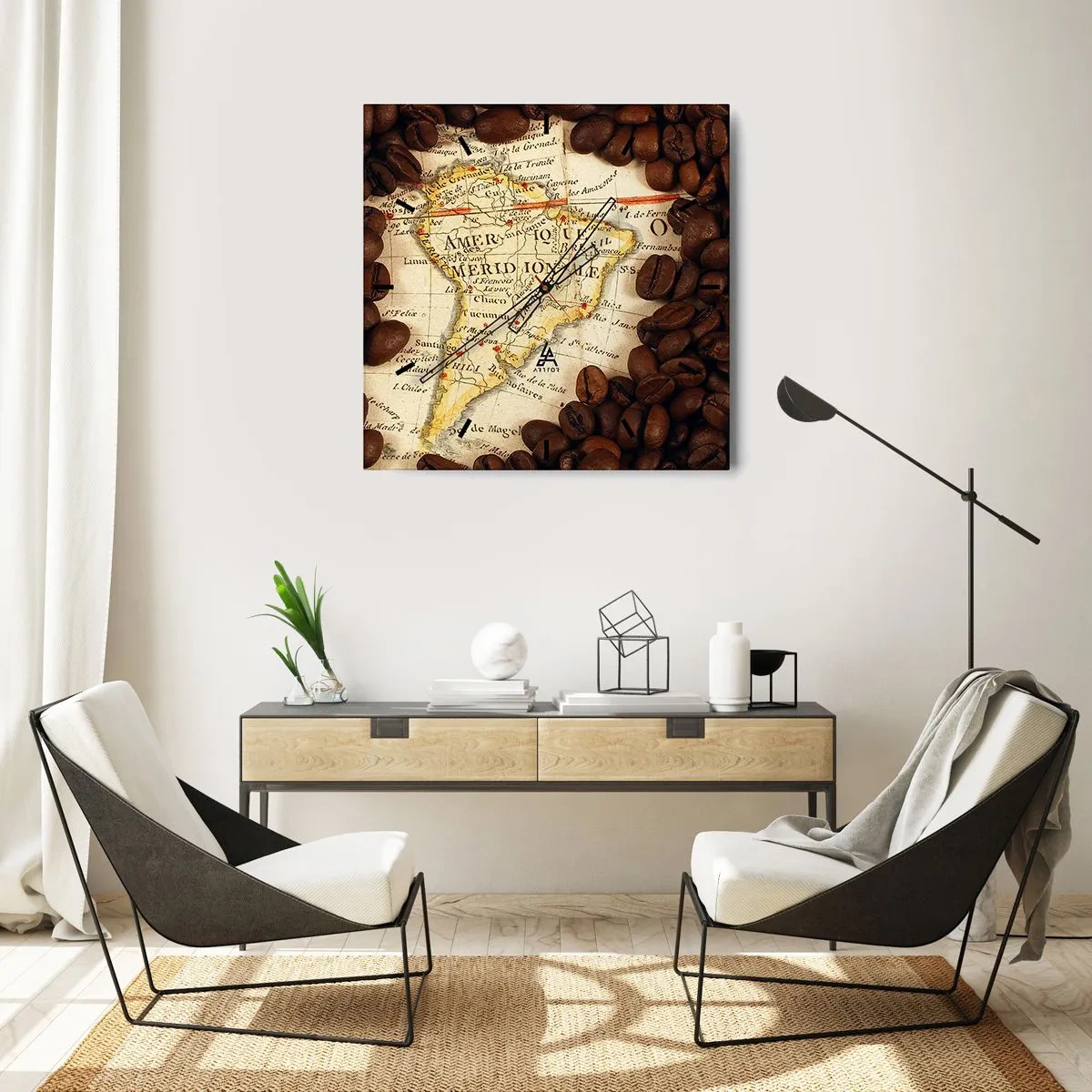 Zegar ścienny - Mapa Ameryki Południowej otoczona ziarnami kawy - 30x30cm - Skąd pochodzi najlepsza kawa? - Nowoczesna dekoracja ścienna do salonu i sypialni ARTTOR